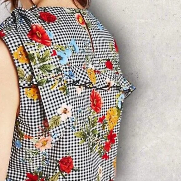 Zara Womens Black White Gingham Floral Asymmetrical Bow Cotton Summer Top size M - Picture 2 of 3